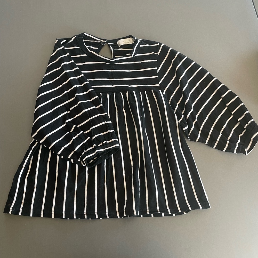 Black and White Striped Blouse with Billowy Sleeves